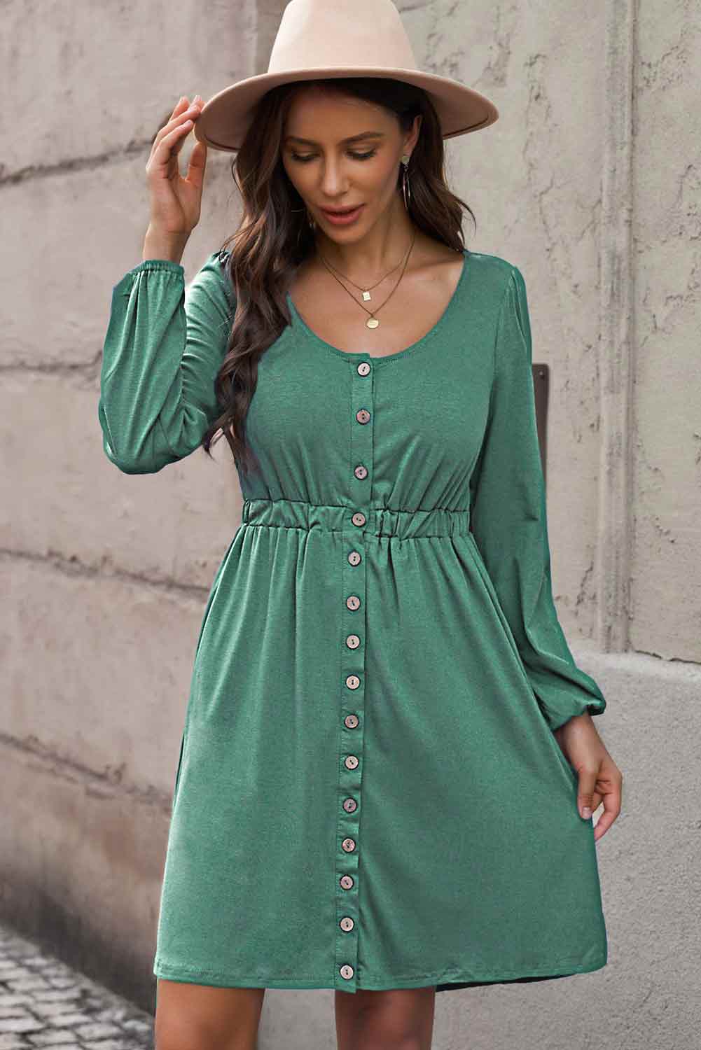 Scoop Neck Button Front Dress - (Black, Green, Gray and Blue)