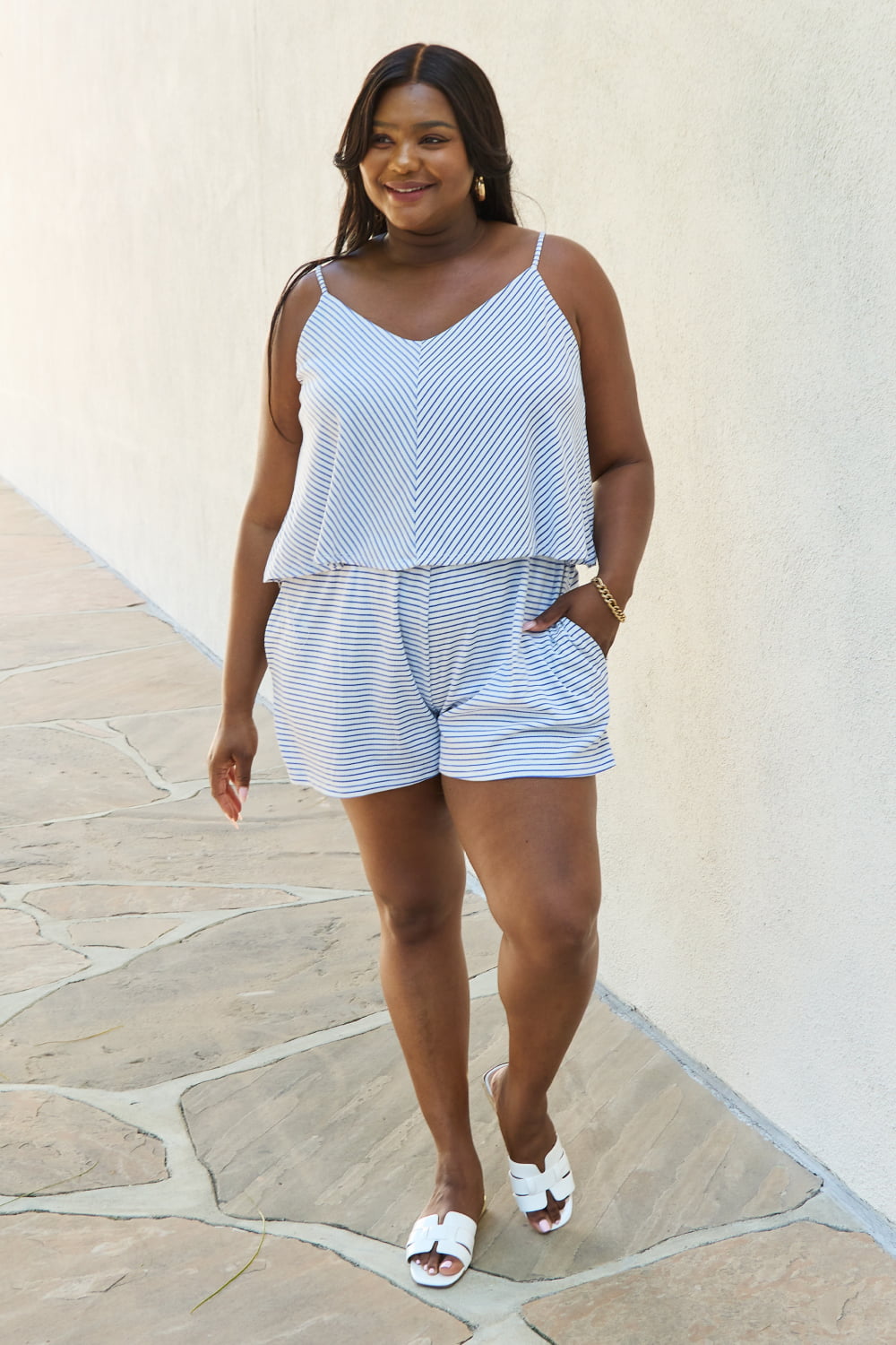 Let It Happen Striped Romper in Cobalt Blue