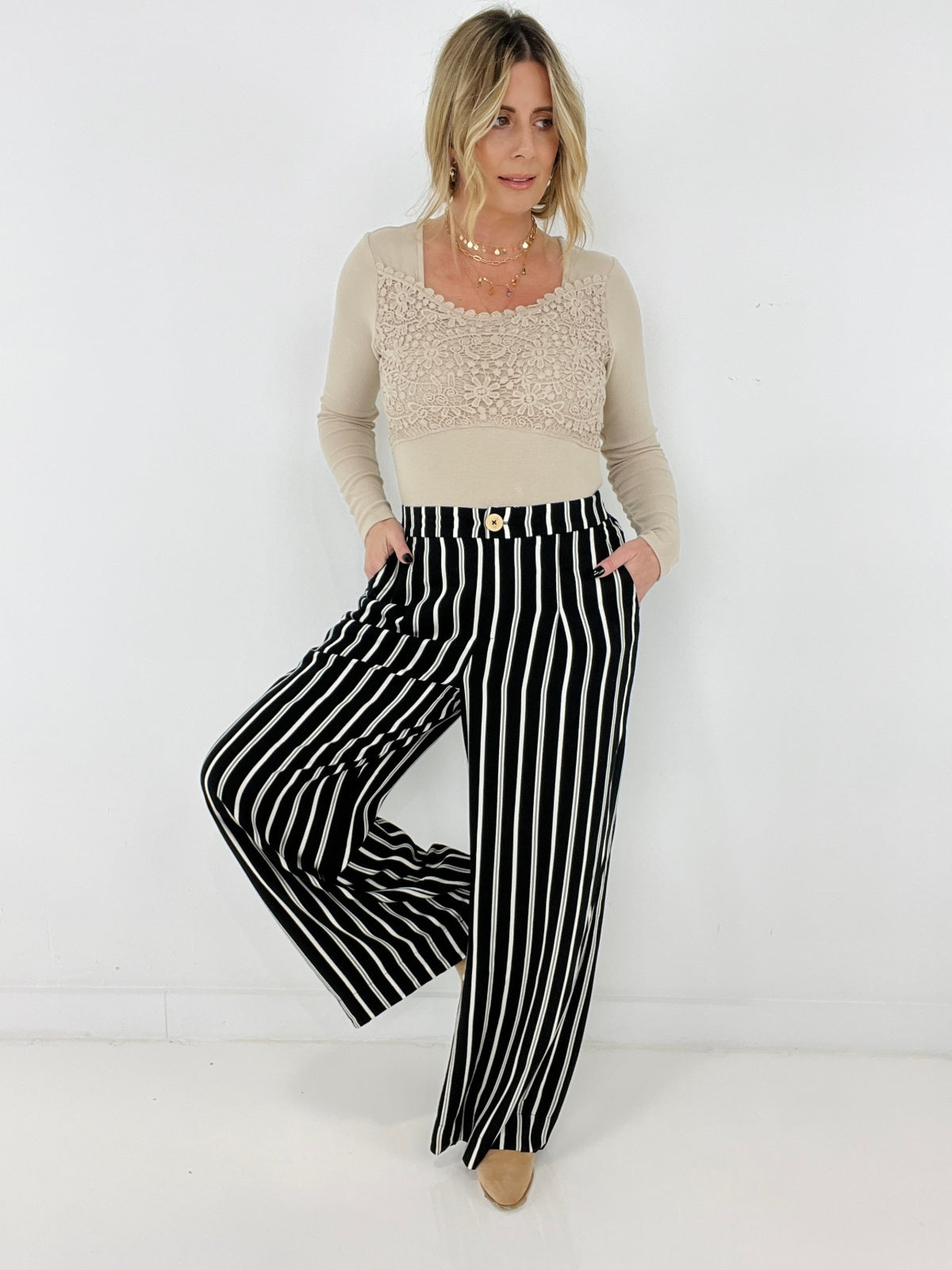 Rae Mode Striped Hi Waist Wide Leg Long Pants