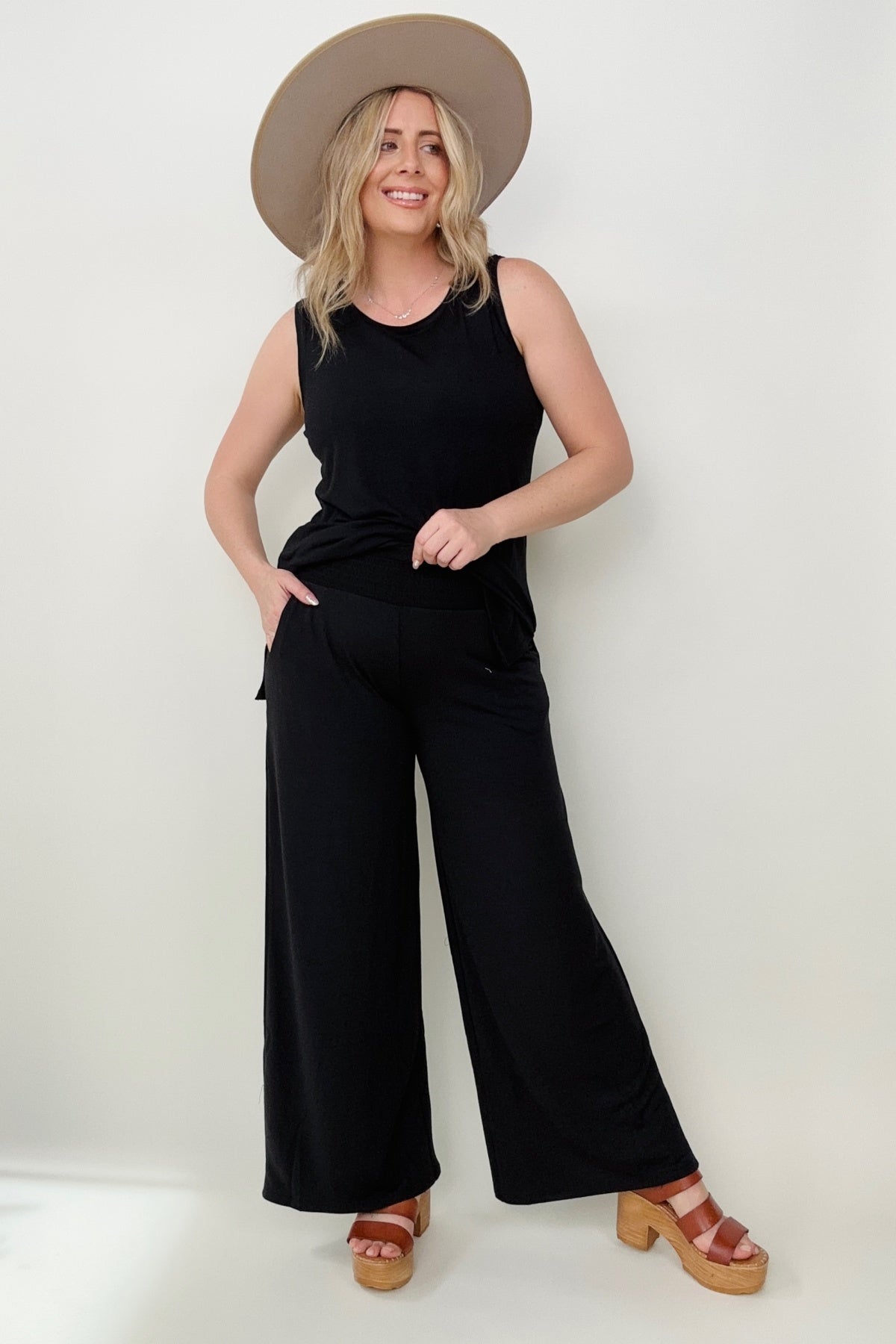Smocked Waistband Wide Leg Pants - 2 colors