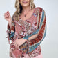 Floral Print Woven W/Stripe Ruched Sleeves Top