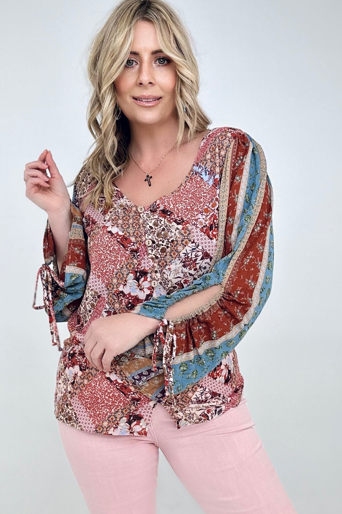 Floral Print Woven W/Stripe Ruched Sleeves Top