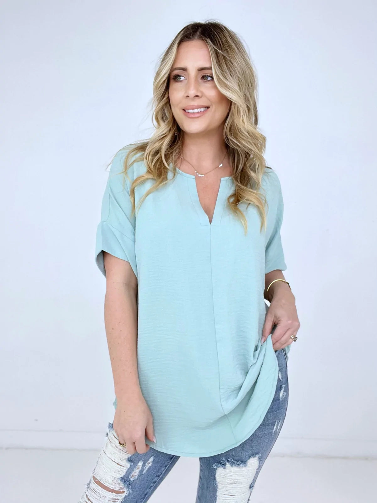 Woven Airflow Split Neck Short Sleeve Top
