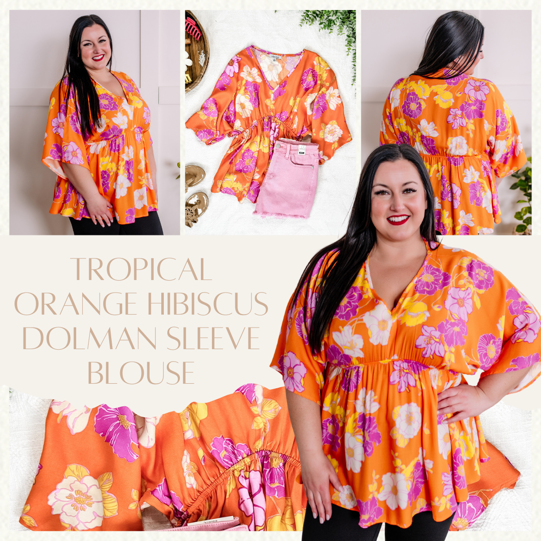 Tropical Orange Hibiscus Dolman Sleeve Blouse