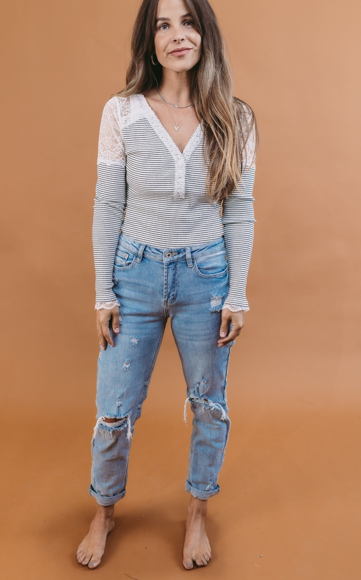 Long Sleeve Striped Bodysuit W/ Lace Trim