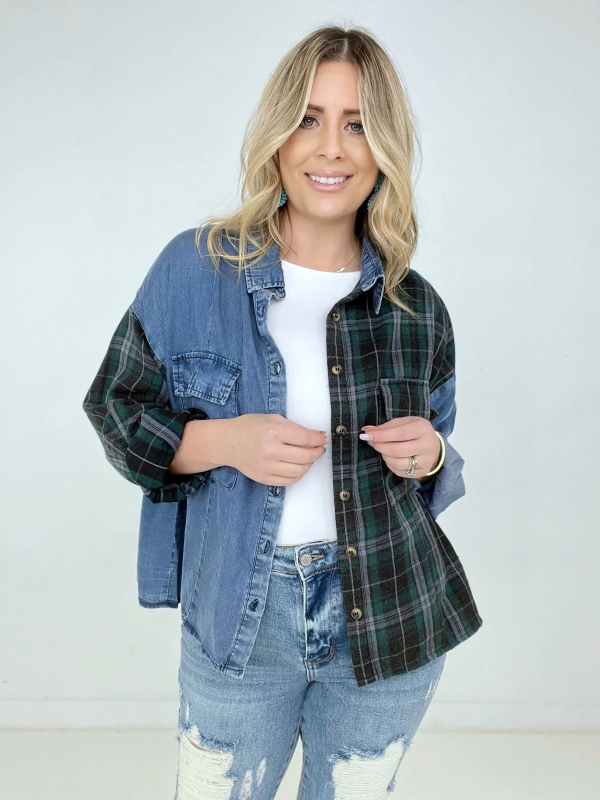 Washed Plaid Denim Shirt with Flap Pockets