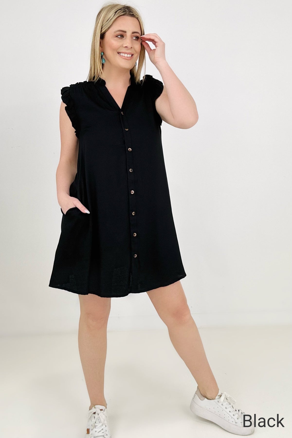 Button Down Mini Dress with Ruffle Sleeves