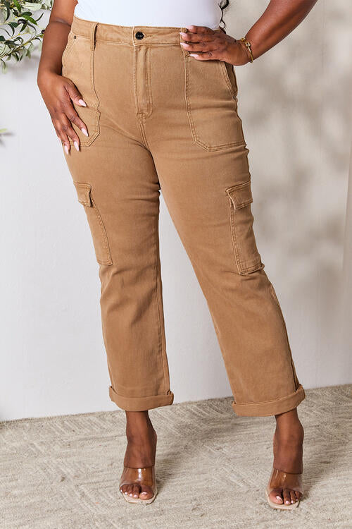 Risen High Waist Utility Straight Cargo Jeans