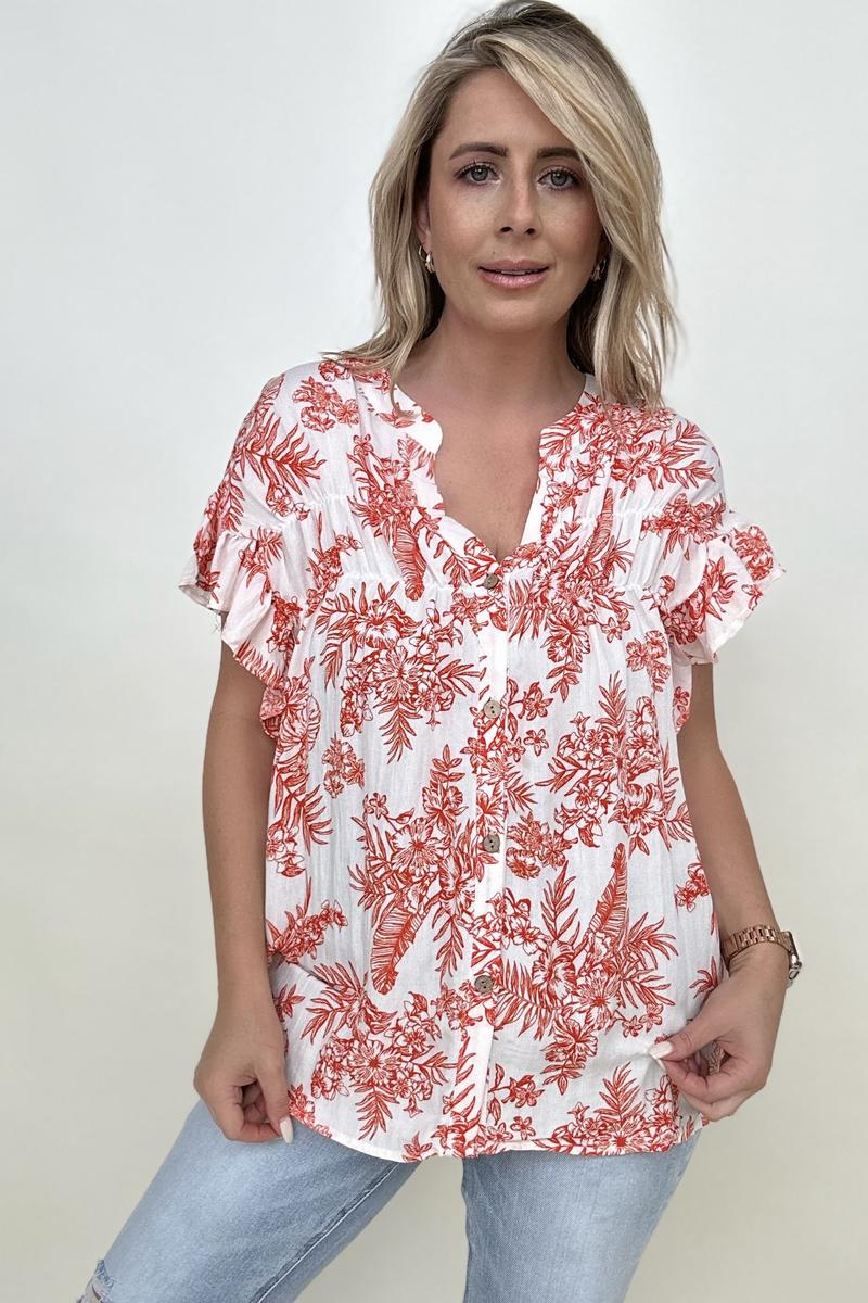 Floral Print Button Down Ruffle Sleeve Top