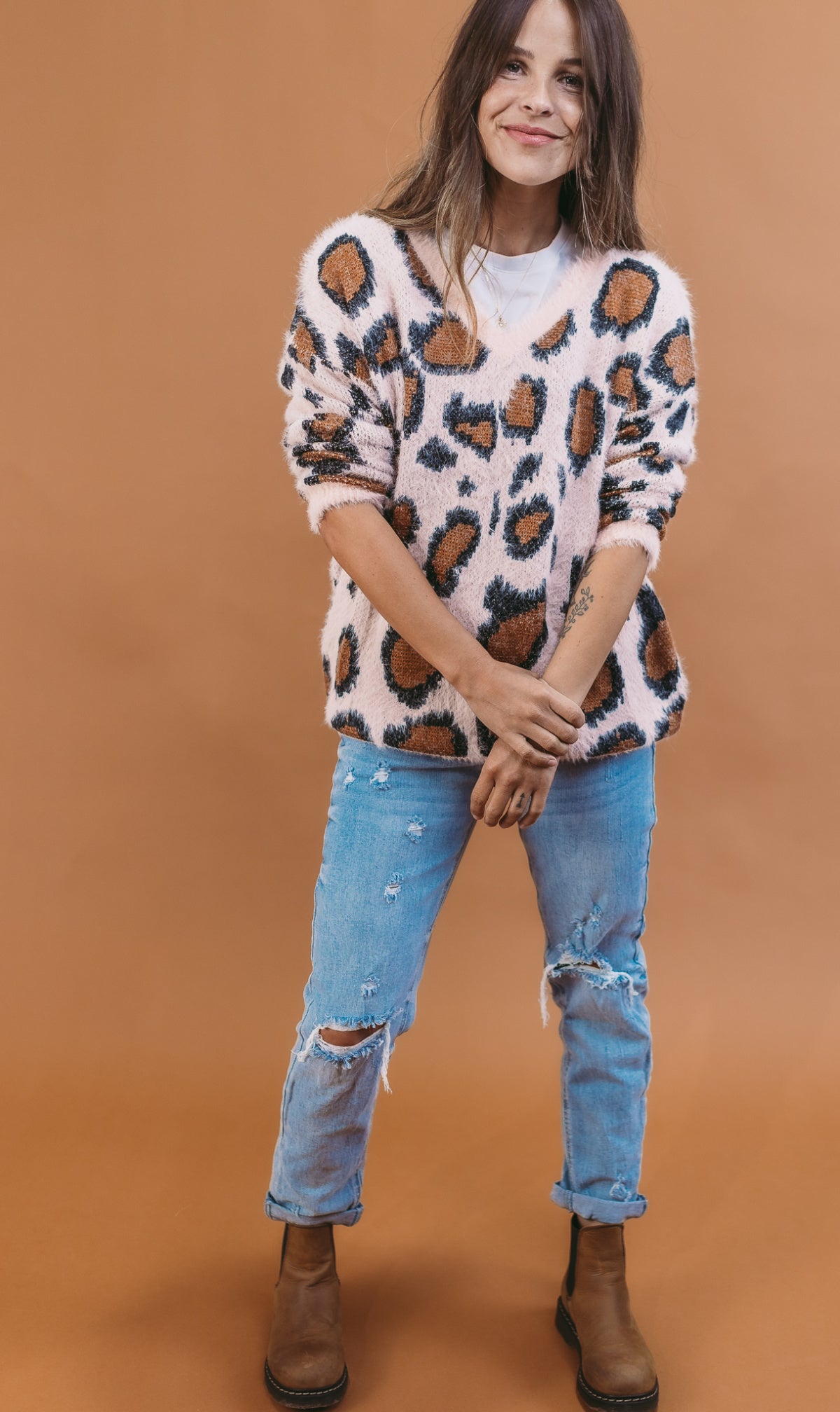 V Neck Animal Print Pull Over Sweater