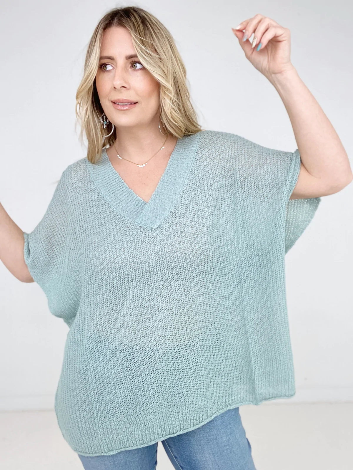 Oversized V-Neck Sheer Knit Top