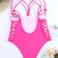 Pink Criss Cross Backless Deep V Neck One Piece Swimsuit
