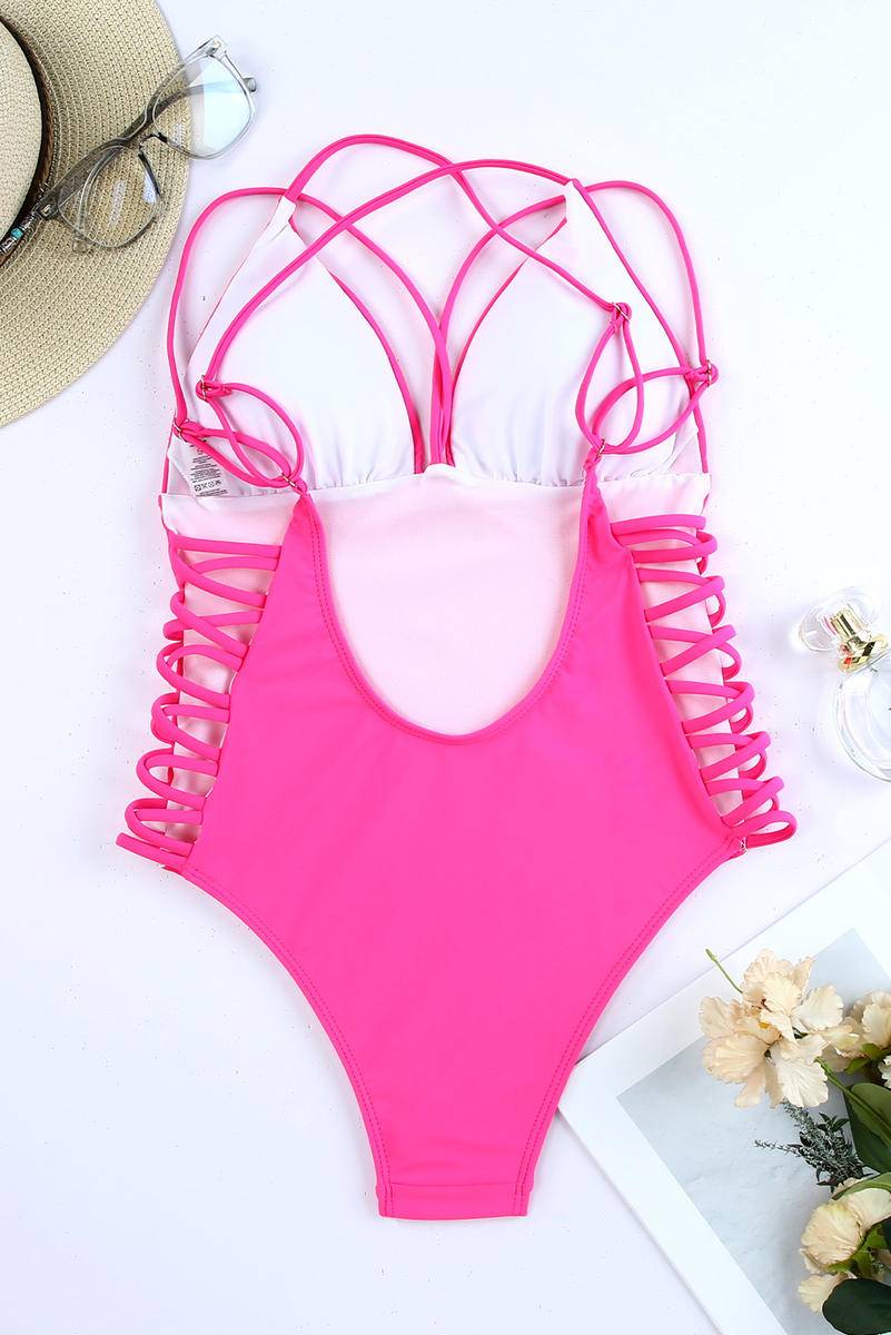 Pink Criss Cross Backless Deep V Neck One Piece Swimsuit