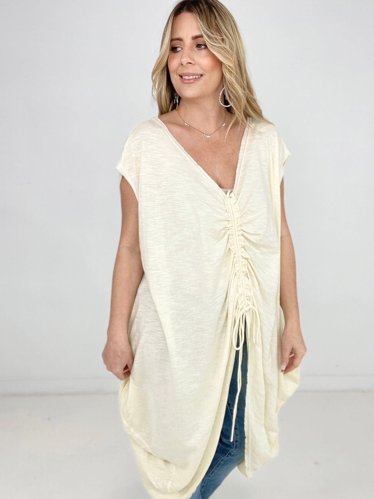 Oli & Hali Mineral Washed Cinched Front Cocoon Sleeveless Long Top