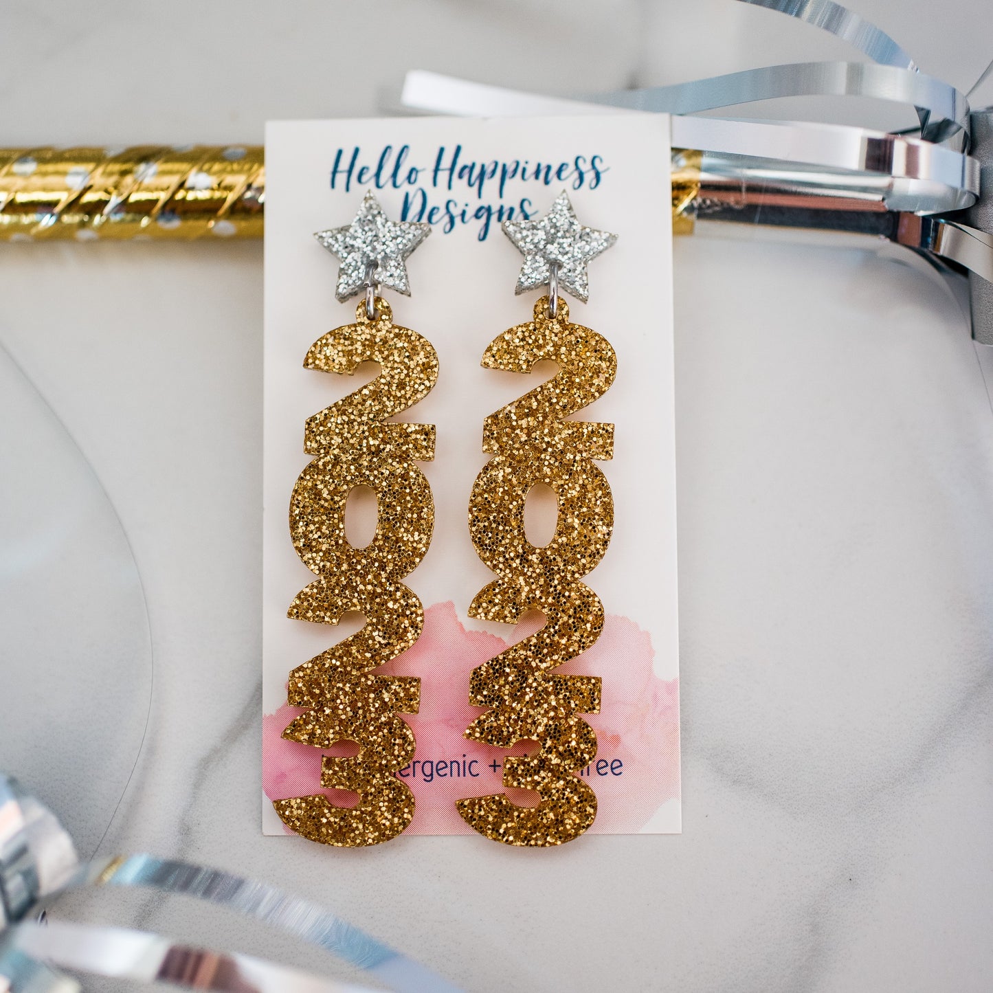 Gold Glitter 2023 Drop Dangles