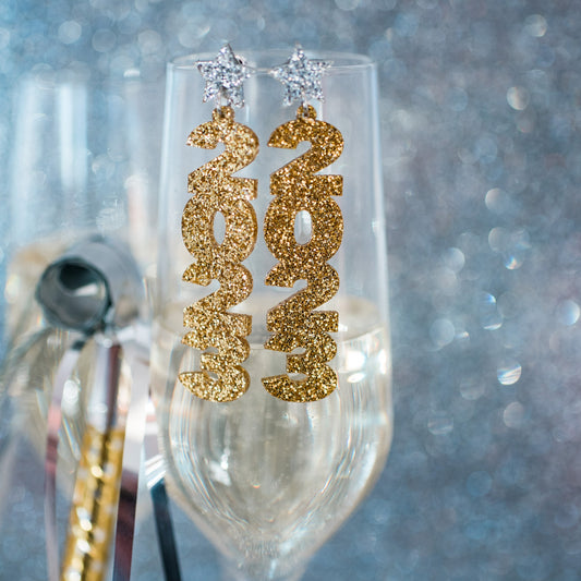 Gold Glitter 2023 Drop Dangles