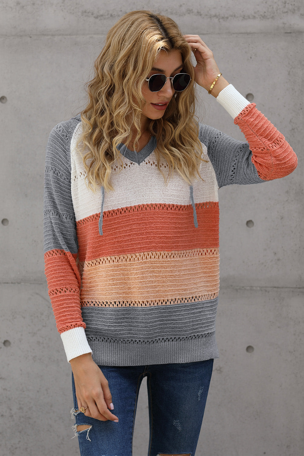 Color Block Knitted Hoodie - Multiple Colors Available