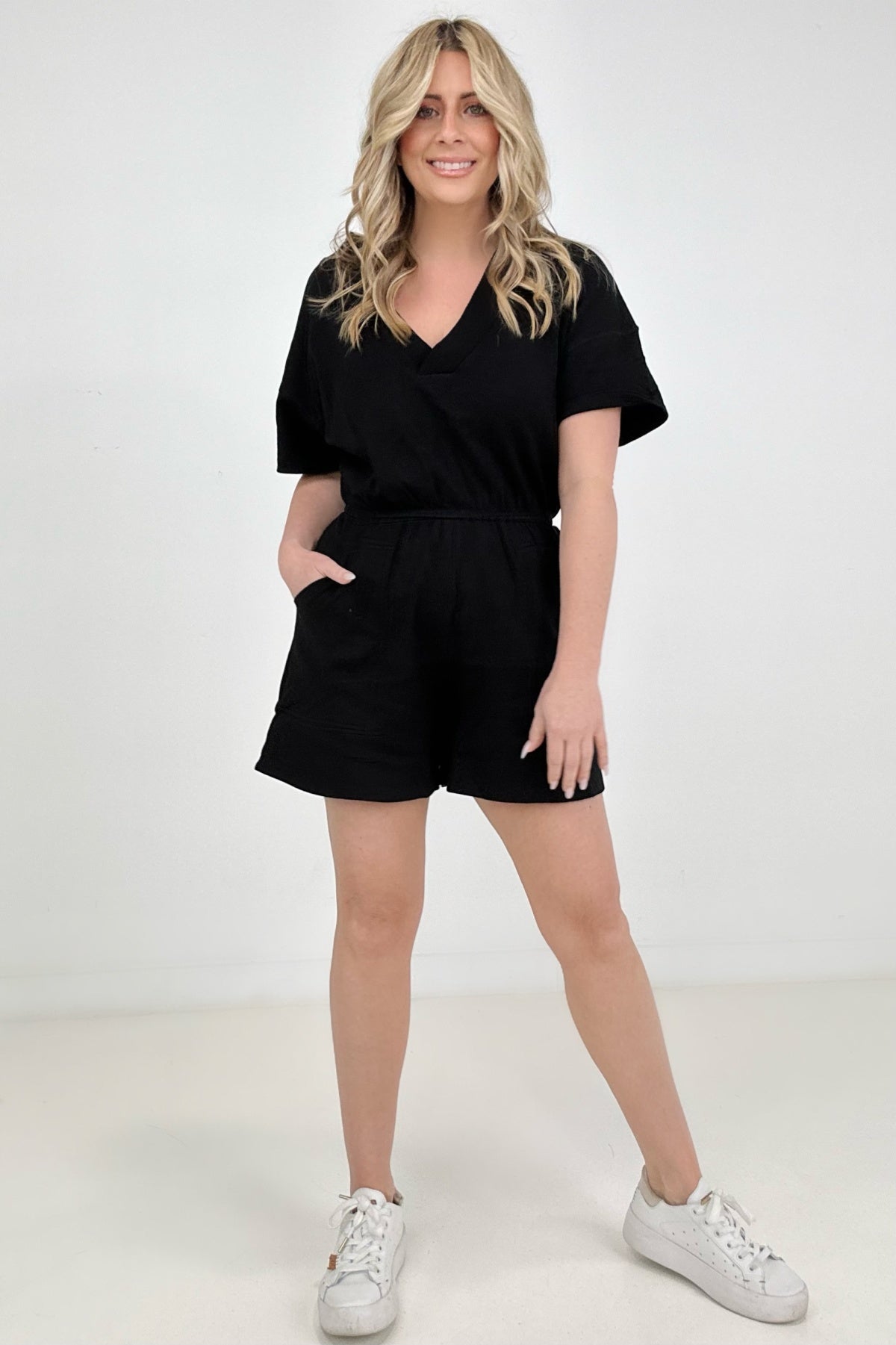 Drop Shoulder V-Neck Romper With Pockets