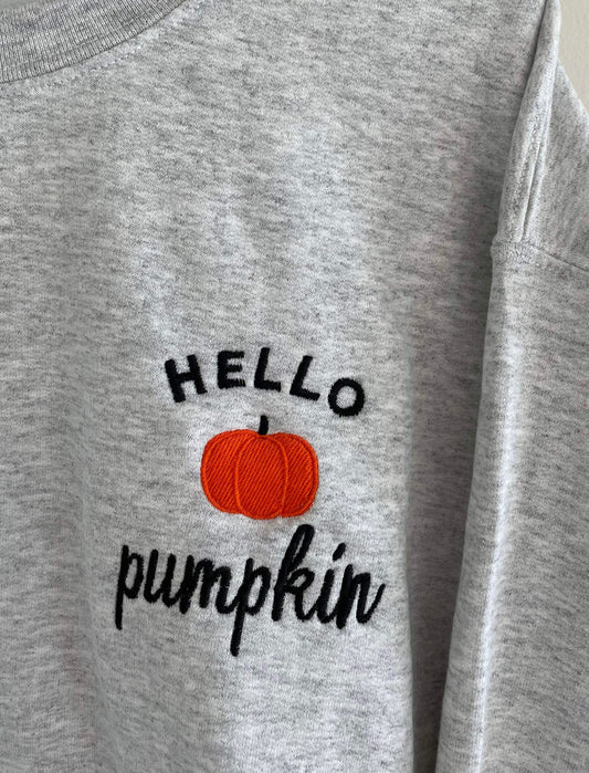 PREORDER: Hello Pumpkin Embroidered Sweatshirt in Ash