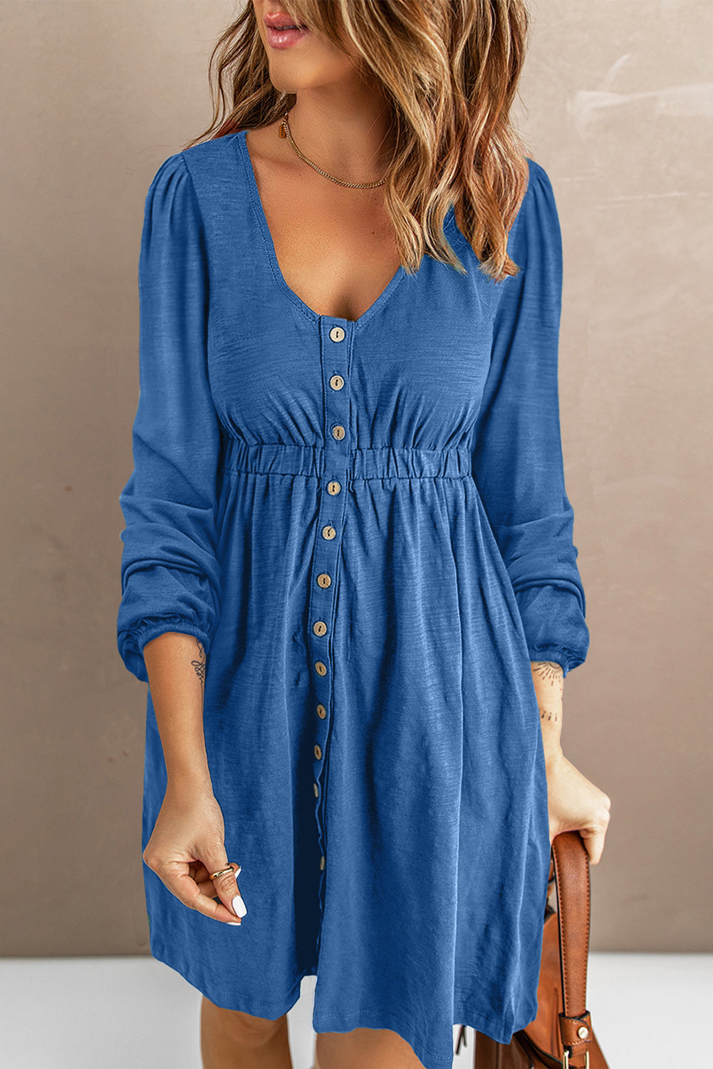 Scoop Neck Button Front Dress - (Black, Green, Gray and Blue)