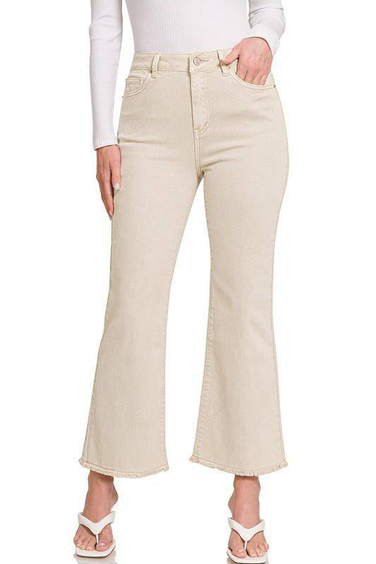 Zenana Acid Wash High Waist Frayed Hem Cropped Jeans - Multiple Colors
