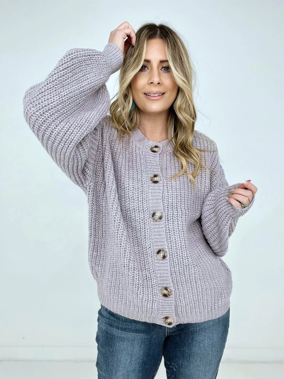 Solid Balloon Sleeve Button Front Cardigan