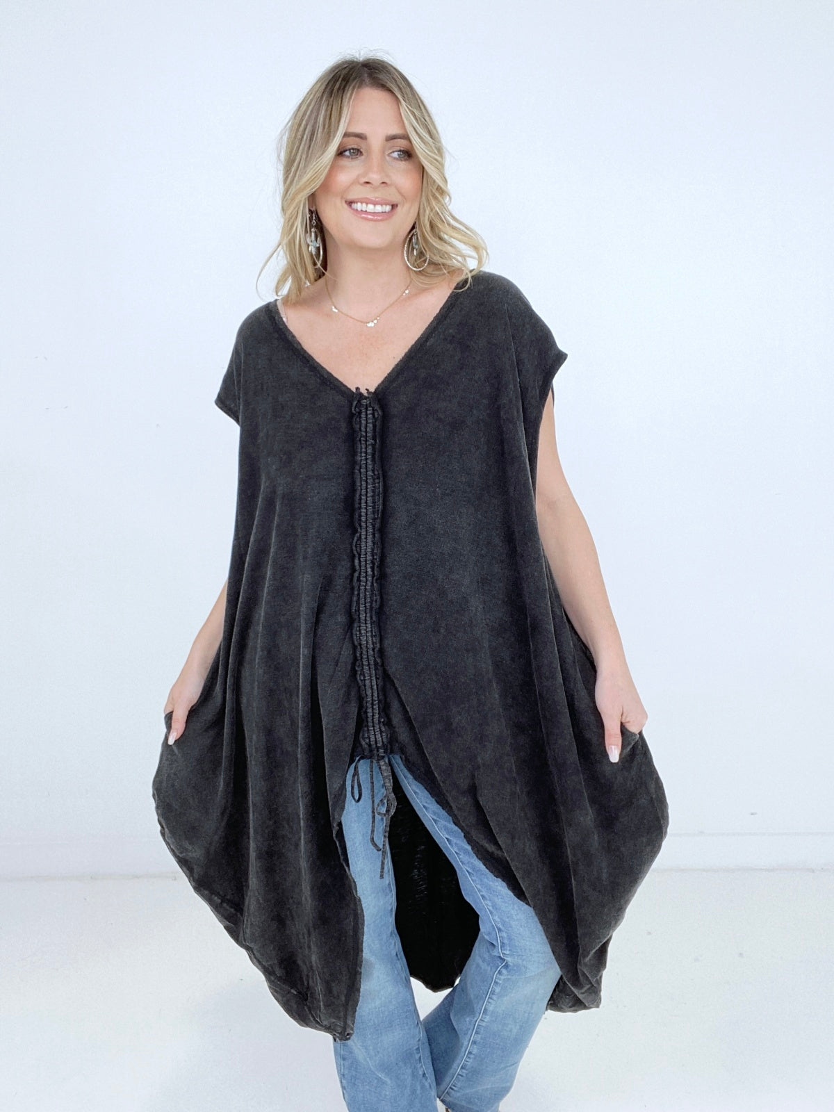 Oli & Hali Mineral Washed Cinched Front Cocoon Sleeveless Long Top