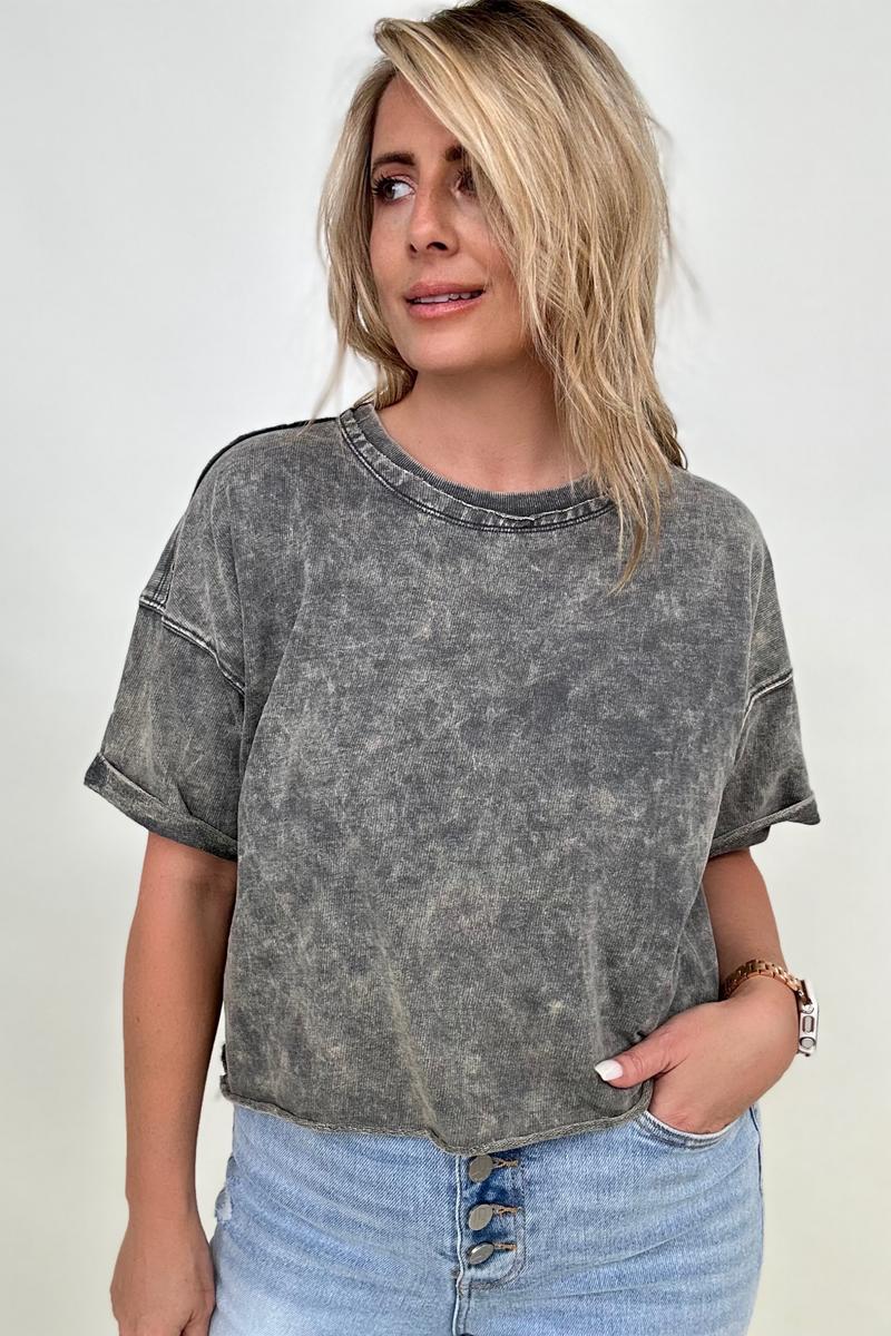 French Terry Acid Wash Raw Edge Crop Top - Multiple colors