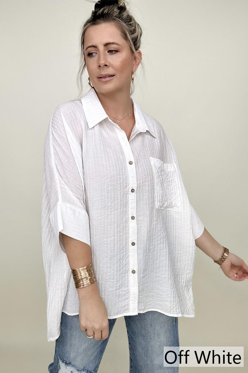Pleated Batwing Short Sleeve Button Up Top - Multiple Colors