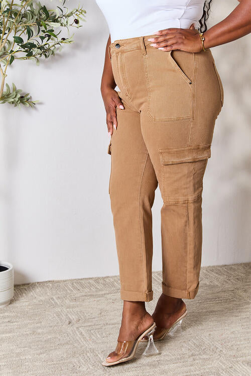 Risen High Waist Utility Straight Cargo Jeans