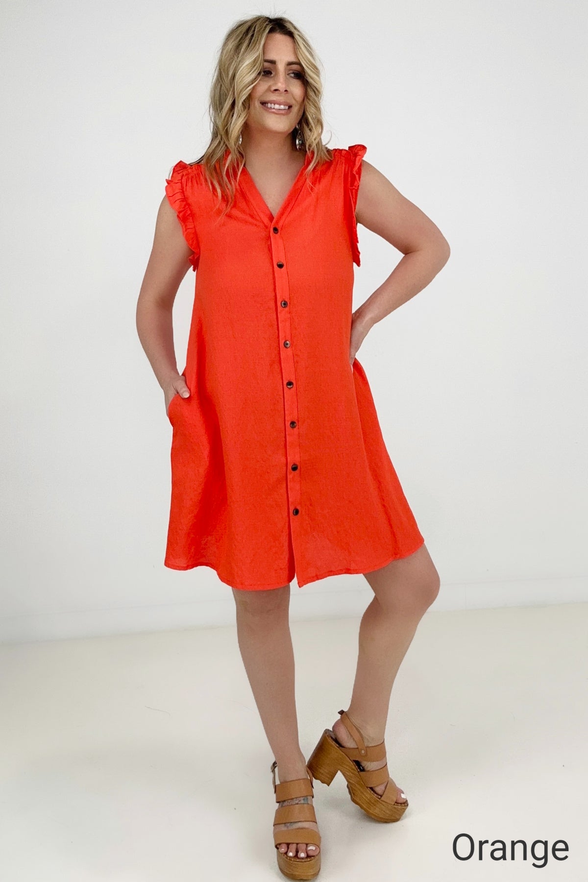 Button Down Mini Dress with Ruffle Sleeves