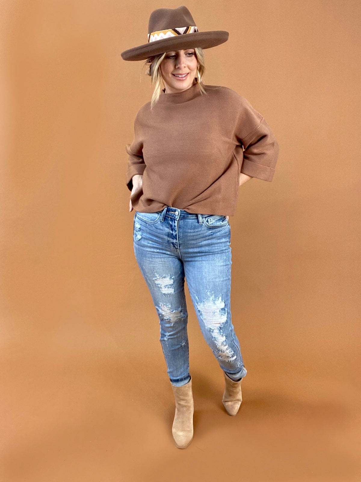 White Birch Long Cuffed Sleeve Ribbed Sweater Top