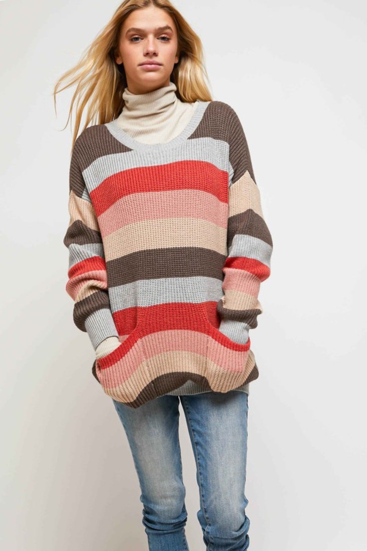 Multi Stripe Round Neck Long Sleeve Sweater with Pockets
