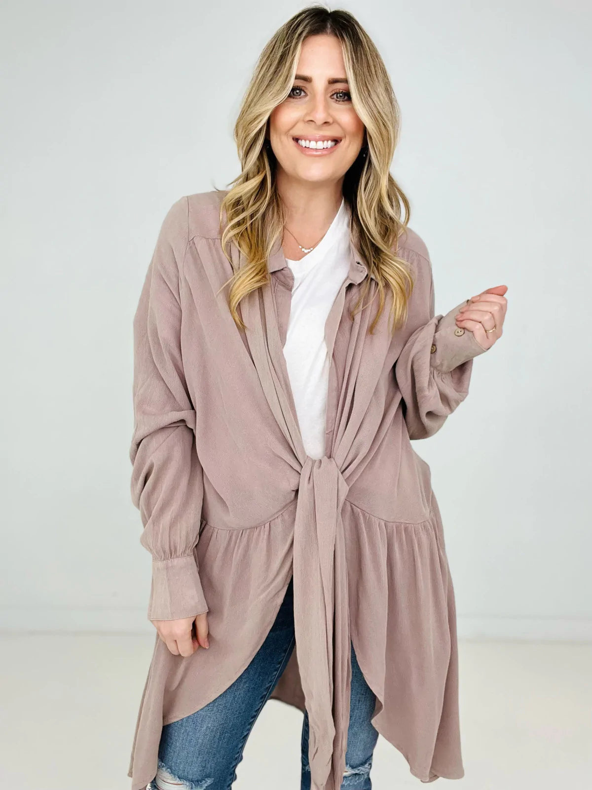 Solid Mineral Washed Tie Front Top