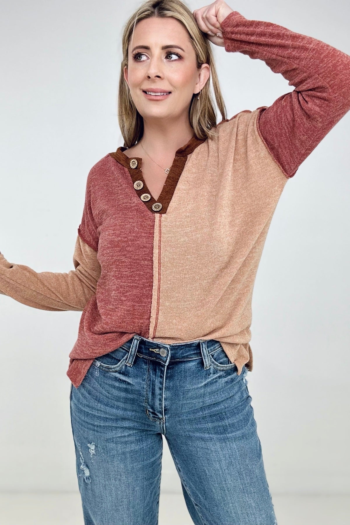 Color Block Faux Button Sweater
