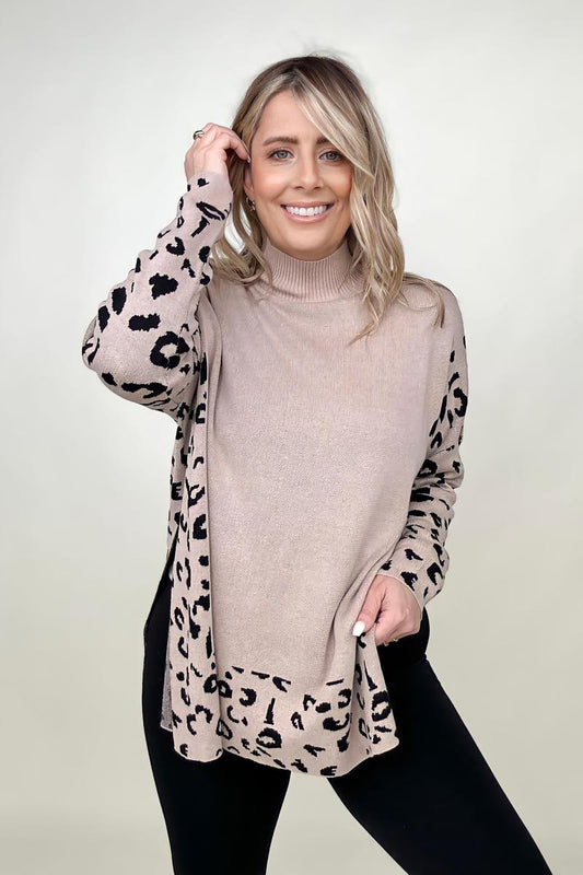 Khaki Leopard Mock Neck Dolman Sweater