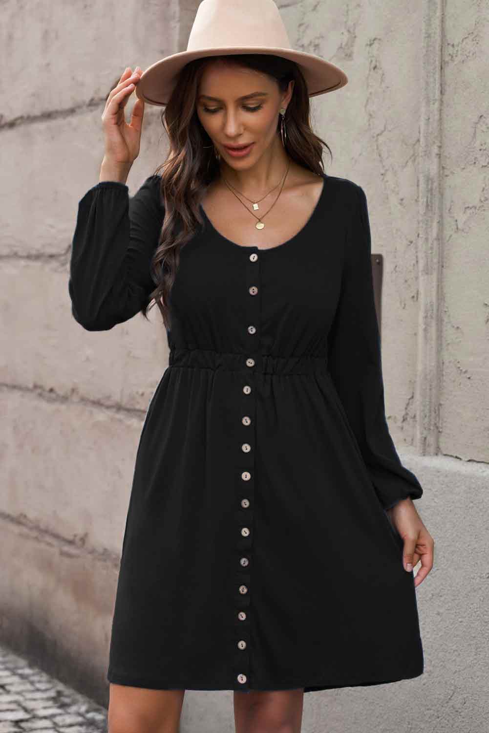 Scoop Neck Button Front Dress - (Black, Green, Gray and Blue)