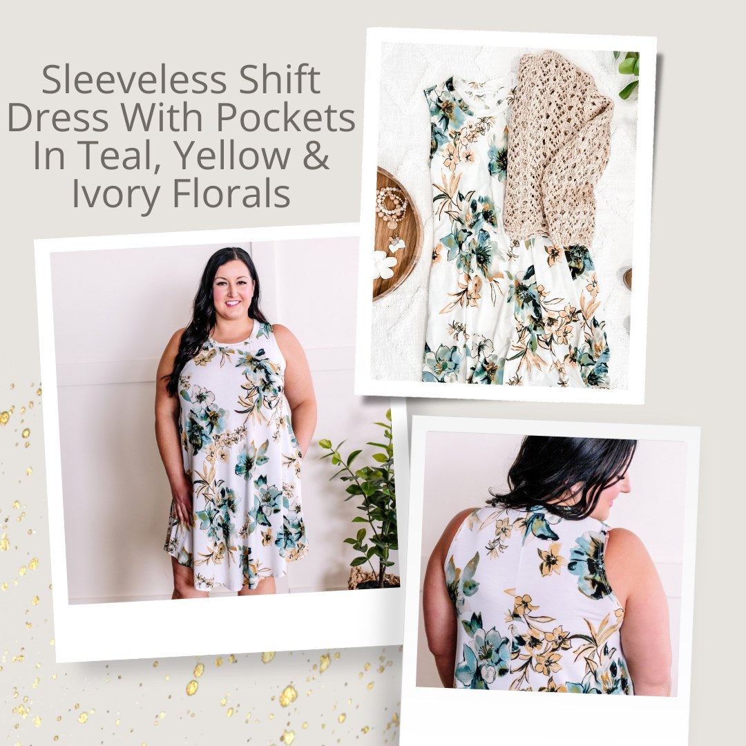 Sleeveless Shift Dress With Pockets In Teal, Yellow & Ivory Florals