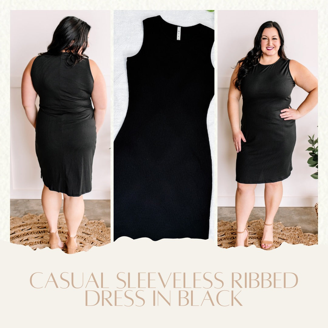 Casual Sleeveless Ribbed Dress In Black