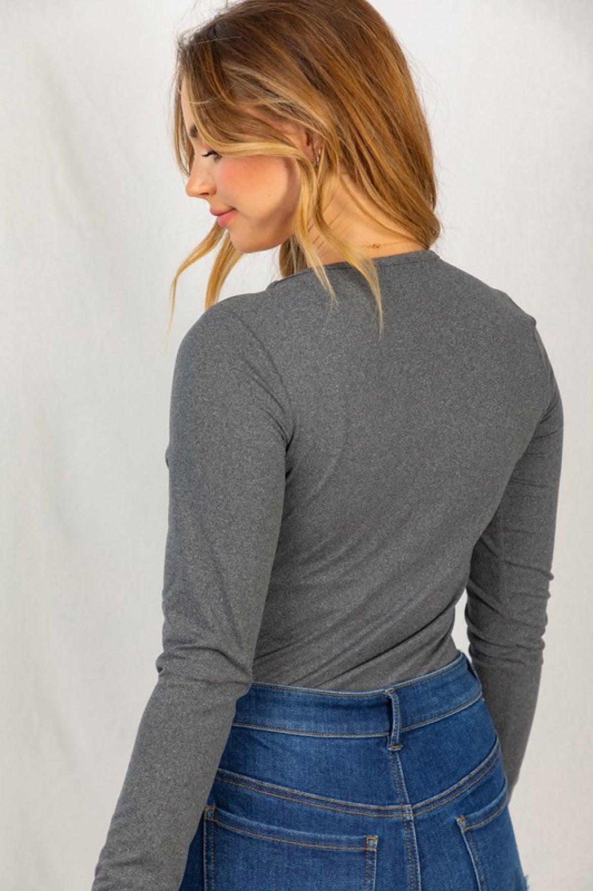 Deep V Long Sleeve Solid Knit Bodysuit