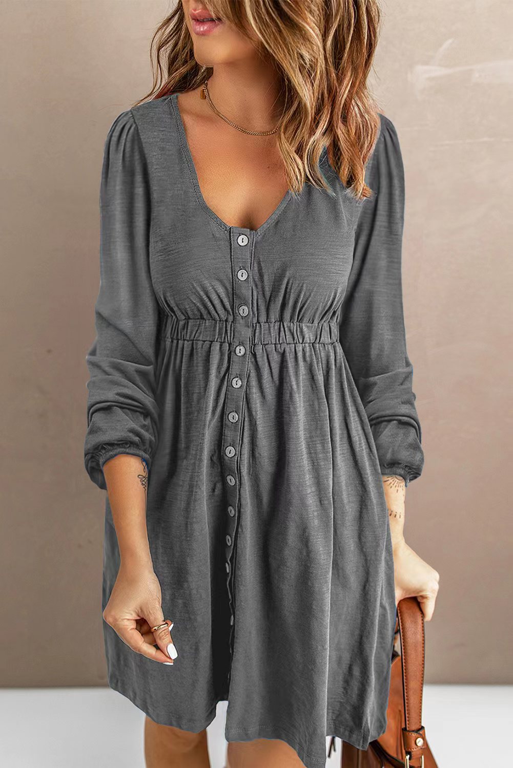 Scoop Neck Button Front Dress - (Black, Green, Gray and Blue)