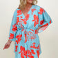 Floral Button Drawstring Batwing Sleeve Mini Dress