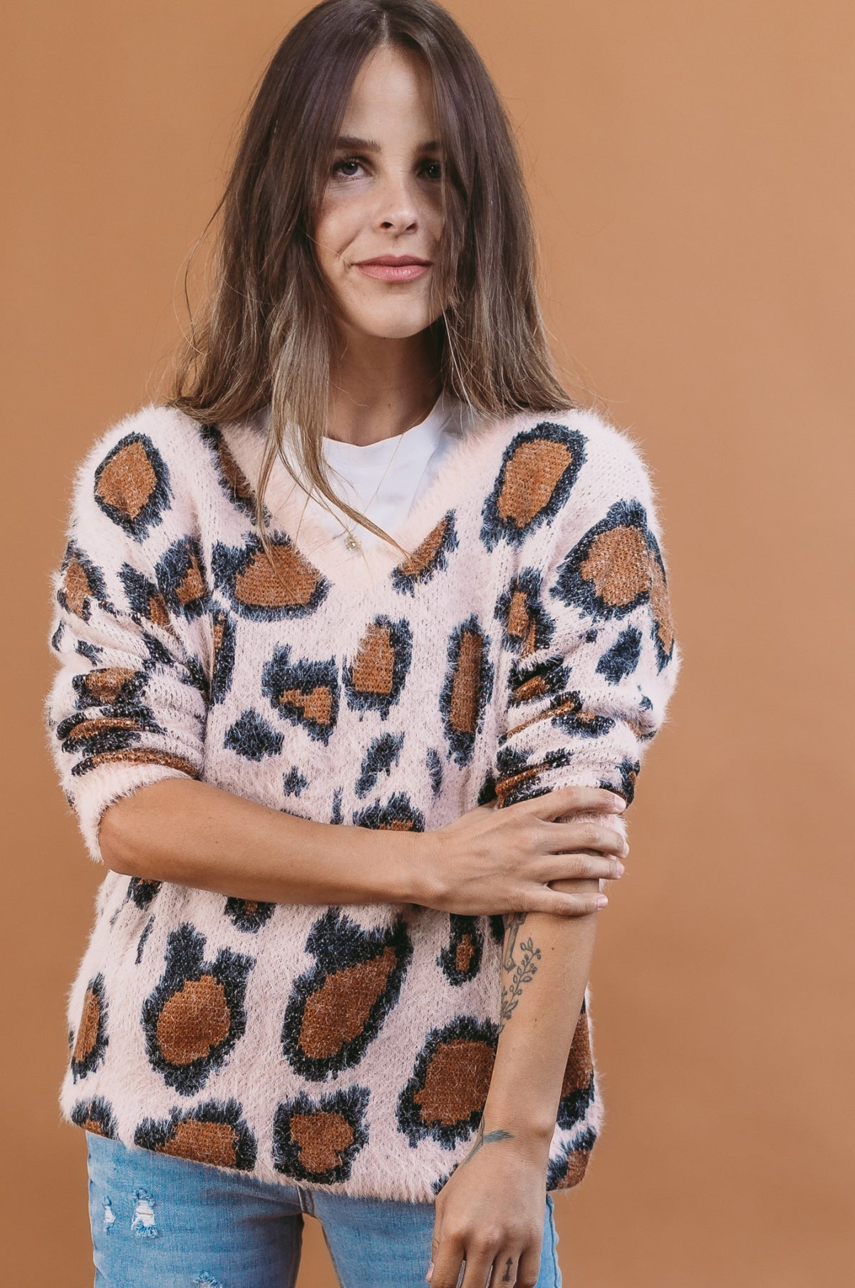 V Neck Animal Print Pull Over Sweater