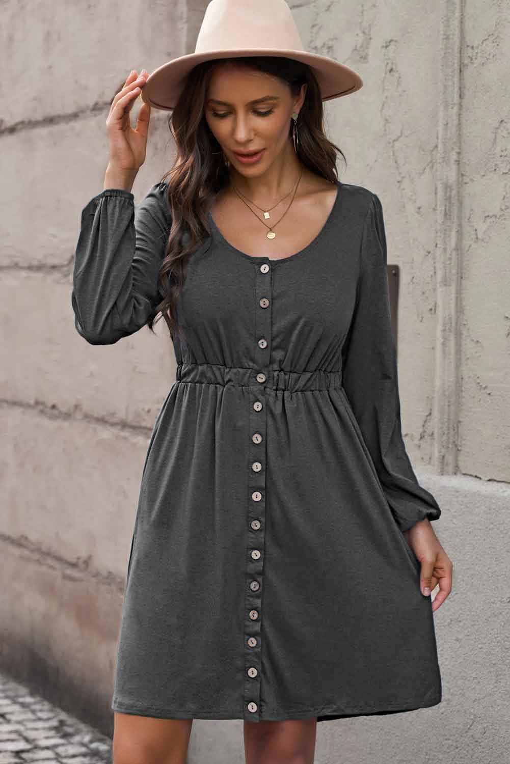 Scoop Neck Button Front Dress - (Black, Green, Gray and Blue)