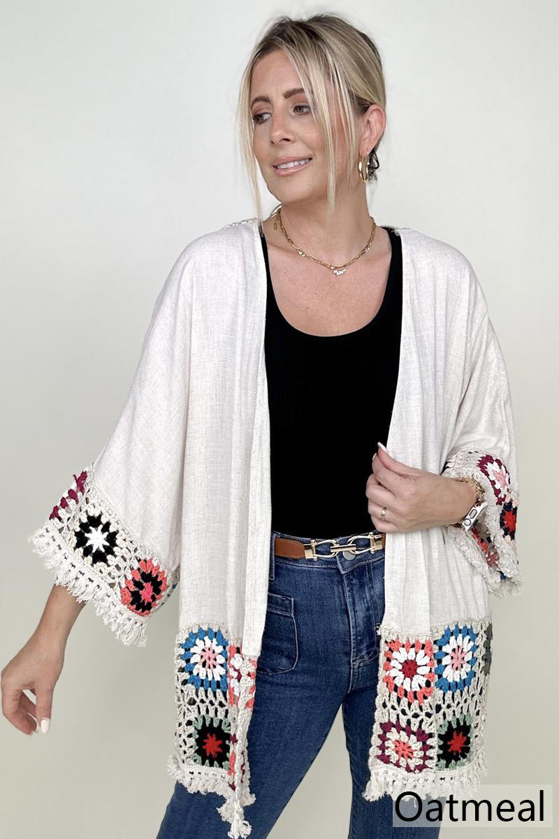 Linen Blend Patch Crochet Kimono