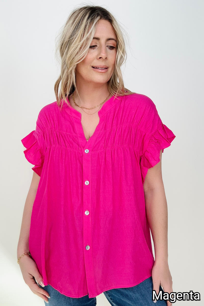 Woven Button Down Ruffle Sleeve Top - Multiple Colors