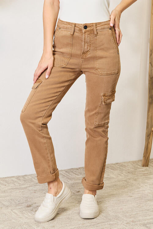Risen High Waist Utility Straight Cargo Jeans