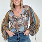 Floral Print Woven W/Stripe Ruched Sleeves Top