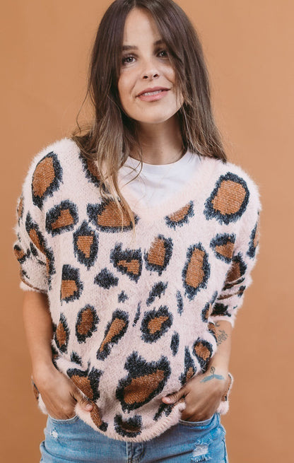 V Neck Animal Print Pull Over Sweater
