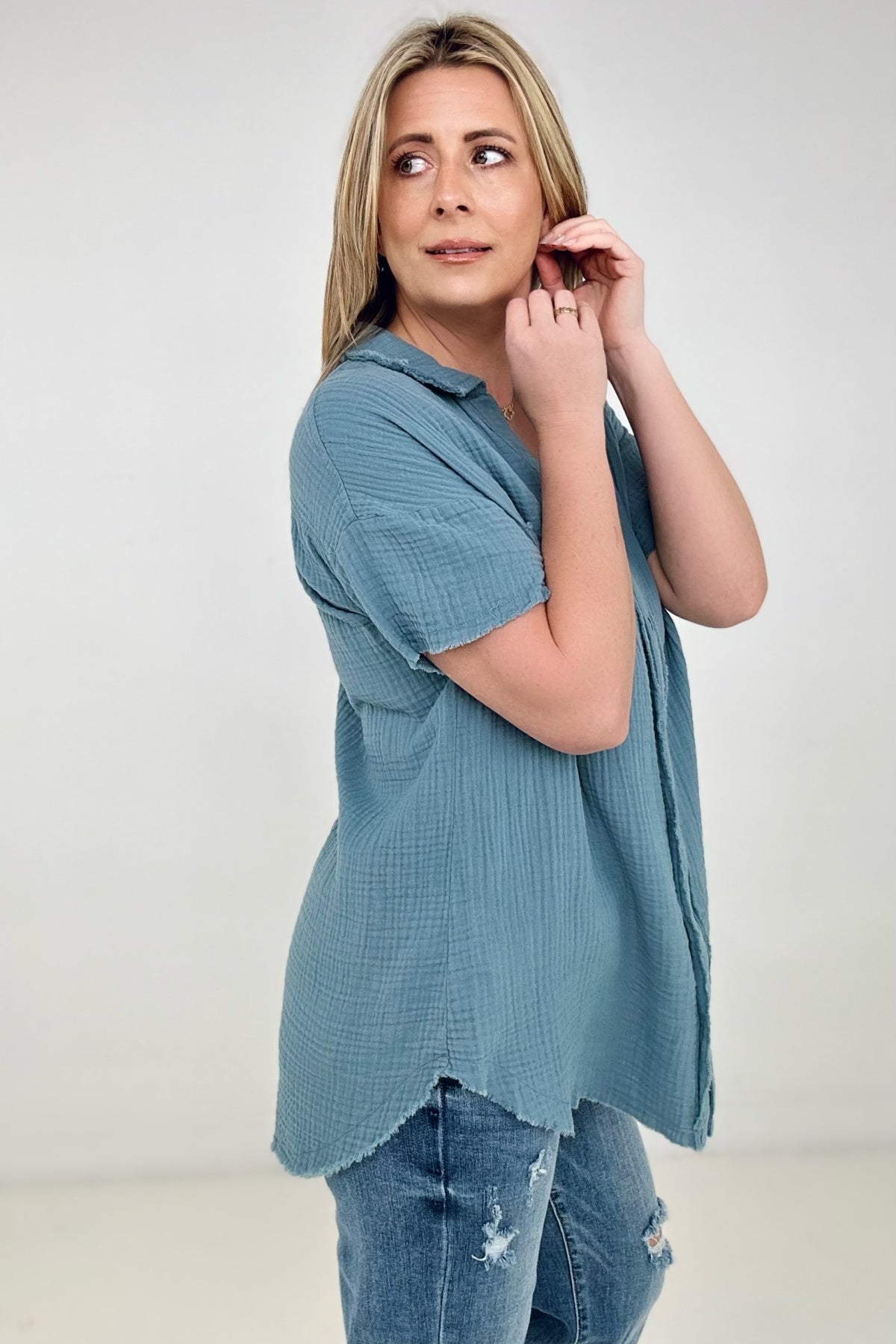 Cotton Raw Edge Short Sleeve Top